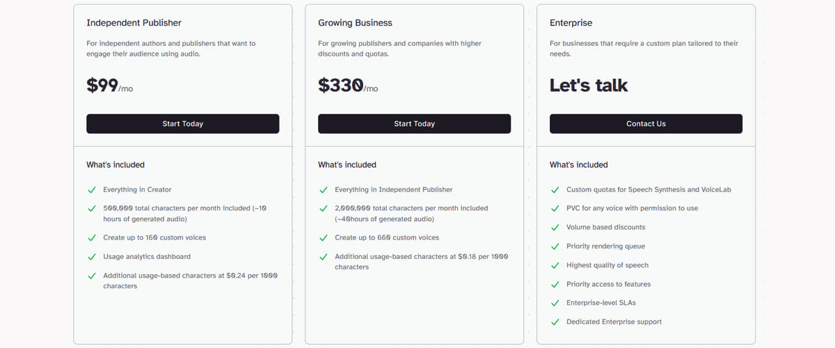 ElevenLabs price list